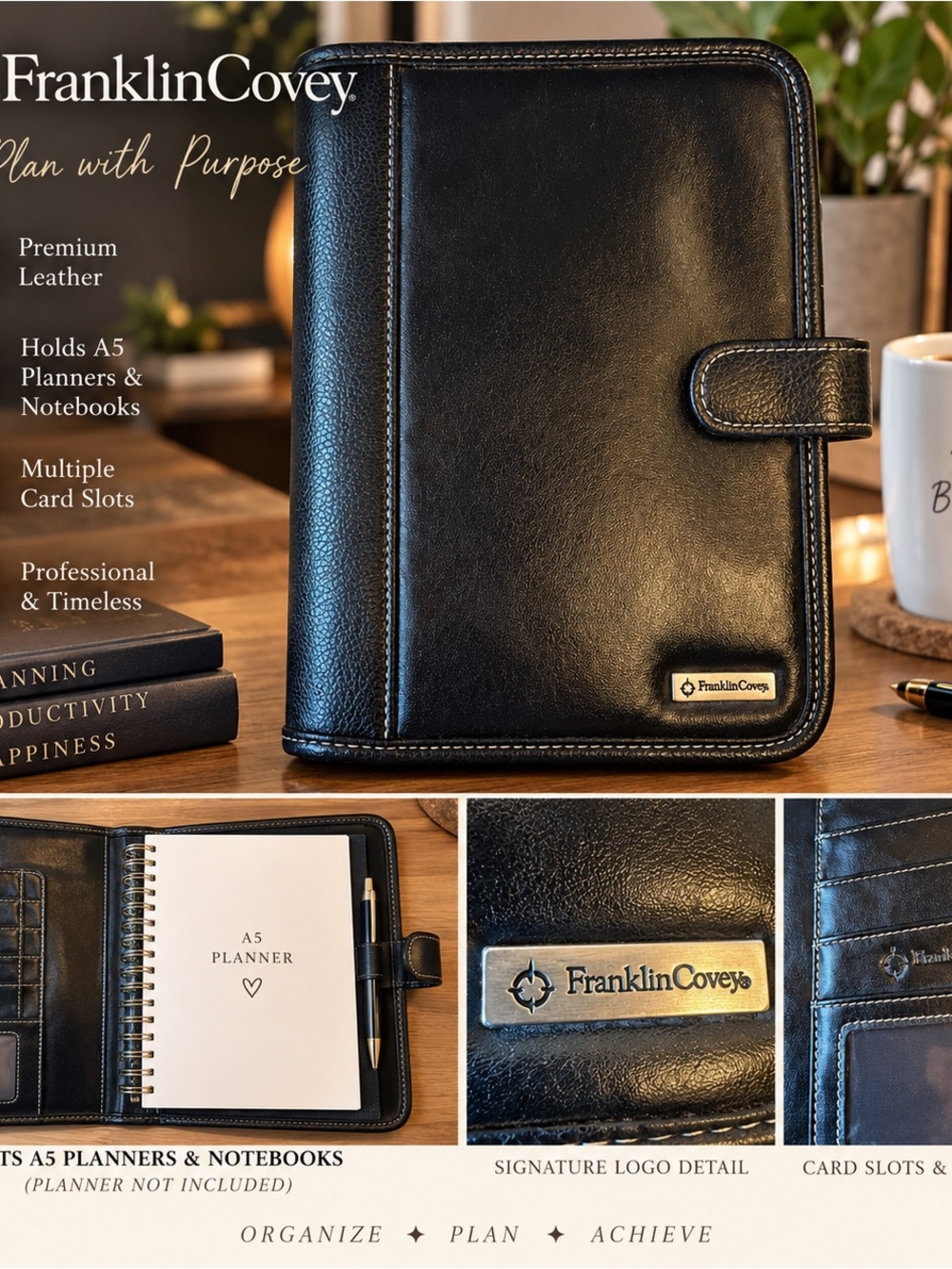 FranklinCovey Black Leather Planner Notebook Cover A5 Portfolio Organizer 7x9.5